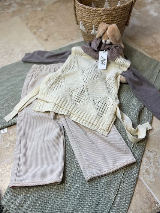 Ensemble fille 3 pièces – col Claudine, pull en laine et pantalon velours