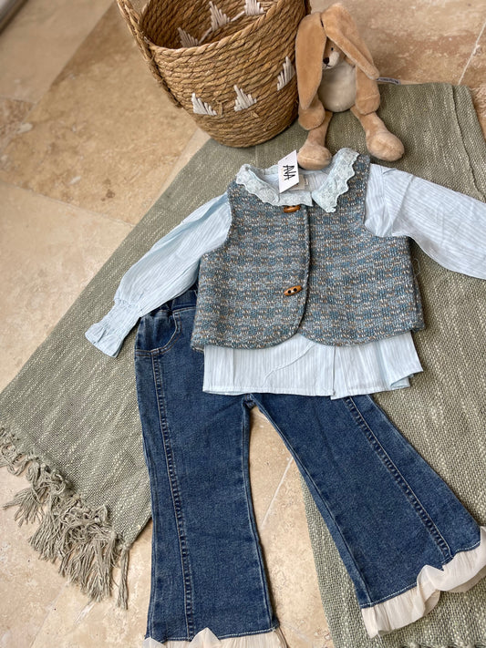 Ensemble fille 3 pièces – blazer, chemise et pantalon jean pattes d’éléphant